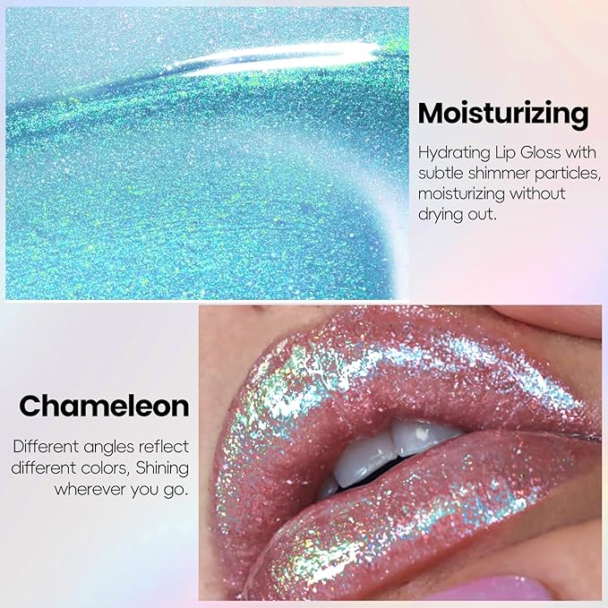 Blue Green Glitter Lip Gloss Liquid Lipstick, Moisturizing Holographic Multichrome Shimmer Tinted Lips Stain Oil Diamond Metallic Lip Gloss, Long Lasting High-Shine Glimmer Lips Makeup05