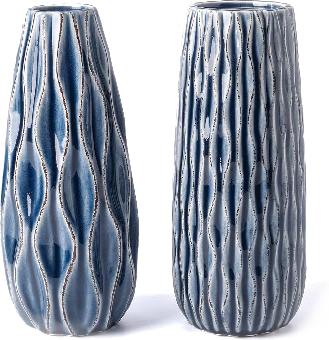 VICTOR & TERESA Ceramic Vase for Flowers, 10'' Set of 2 Decorative Blue Vases for Home Decor, Farmhouse Vases for Pampas Grass, Table, Mantel, Living Room, Shelf, Centerpieces, Gifts for Mom