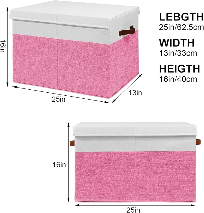 Large Toy Storage Box with Lid, Toy Chest Bin Boxes Basket with Dividers | Sturdy Toy Organizer Bin for Kids, Boys, Girls, Nursery, Living Room, Bedroom, Playroom 25"x13" x16" (Pink and White)