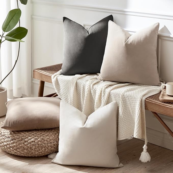 Throw Pillow Covers Set of 4 18x18 Inch Pillow Covers, Soft Velvet Neutral Beige Khaki Grey Pillowcases for Couch Sofa Bed Living Room, Home Boho Decor, Farmhouse Cushion Covers