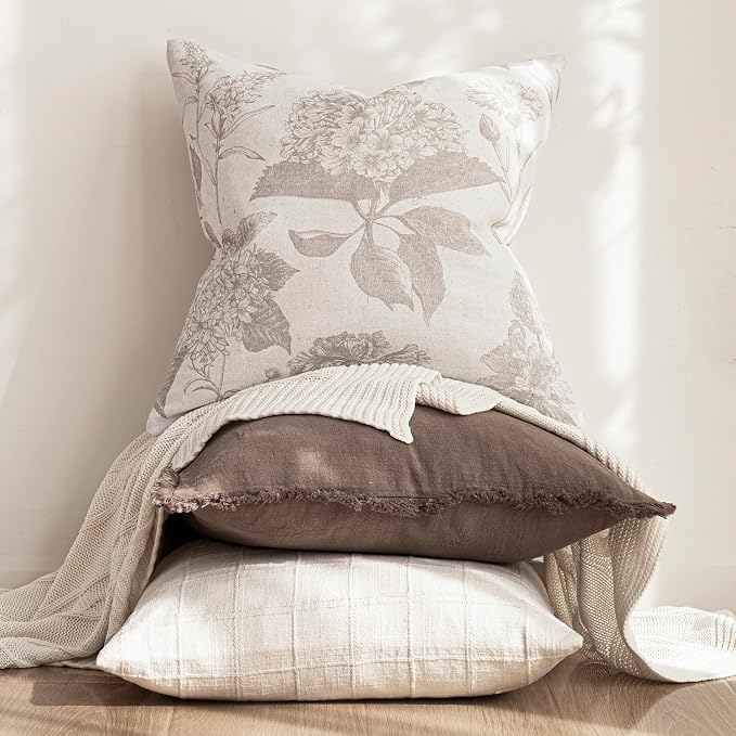 Foindtower Set of 2 Linen Floral Vintage Throw Pillow Covers Neutral Accent Decorative Cushion Covers Farmhouse Boho Home Decor for Sofa Chair Couch Bedroom Living Room,22×22 Inch,Tan Beige