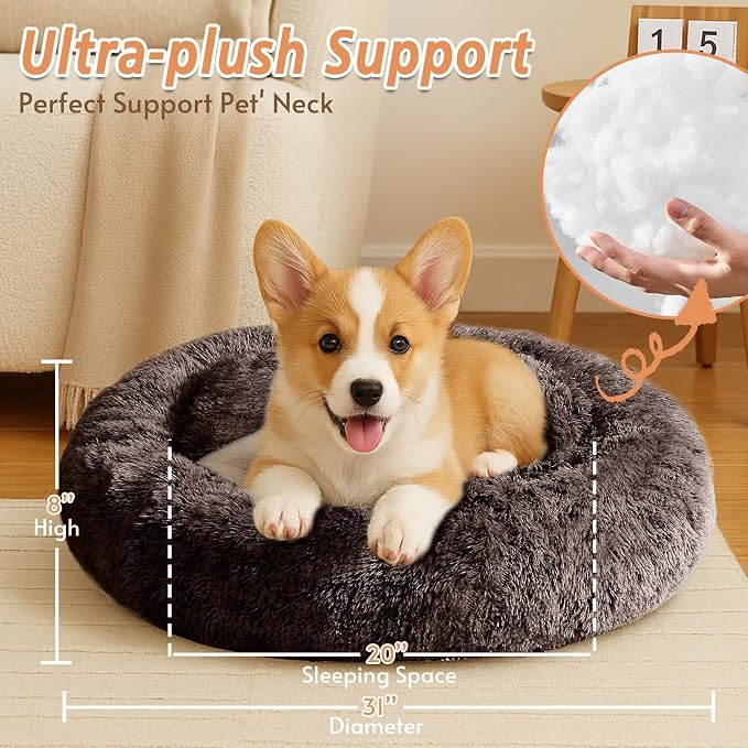 JOLLYVOGUE Calming Dog Bed Medium Size Dog, 31in Donut Washable Medium Pet Bed, Anti-Slip & Anti-Anxiety Fluffy Faux Fur Round Dogs Bed, Fits up to 45 lbs Pets (Chocolate)