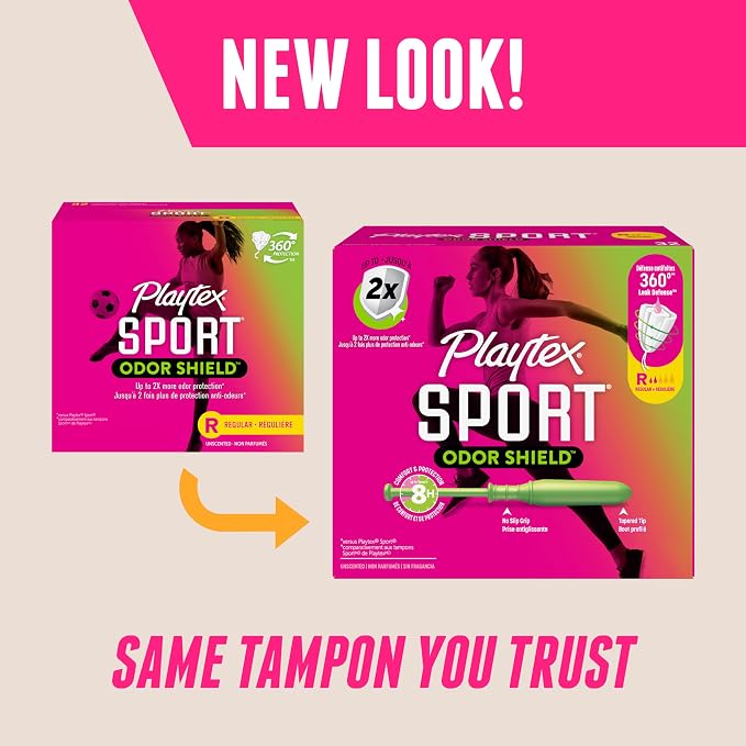 Playtex Sport Odor Shield Tampons Regular Absorbency, Unscented - 32ct | Regular Tampons for Women, Feminine Care, Playtex Tampon with 360 Leak Defense and Odor Control