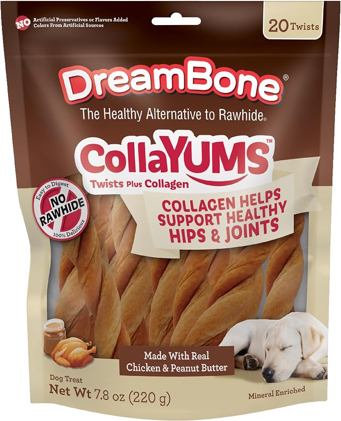DreamBone CollaYUMS Twists Plus Collagen Rawhide-Free Dog Treats, 20 Count | Supports Hip and Joint Health, Daily Chew, Digests Safely and Completely, With Real Chicken & Peanut Butter, For Adult Dogs