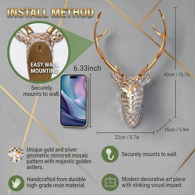 GIGICICI Mosaic Deer Head Wall Decor 15.7x8.7 Inch, Artistic Faux Resin Animal Head Wall Sculpture Hanging for Living Room Bedroom Kitchen Office, Gold-Silver Gift