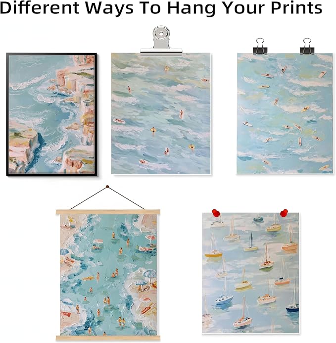 Coastal Beach Canvas Wall Art Set of 6, Abstract Ocean Sailing Boats and Surfboard Posters Wall Decor, Aesthetic Seaside Landscape Artwork Posters Prints for Living Room Bedroom 12x16 Inch Unframed12x16 Inch