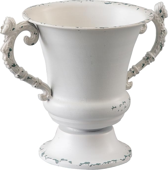SOFE Distressed White Metal Vase, Decorative Flower Vase 7 Inch Tall | Small Urn Planter for Wedding Home Decor, Ideal Shelf Decor, Living Room Dining Room, Kitchen Office Table Centerpieces