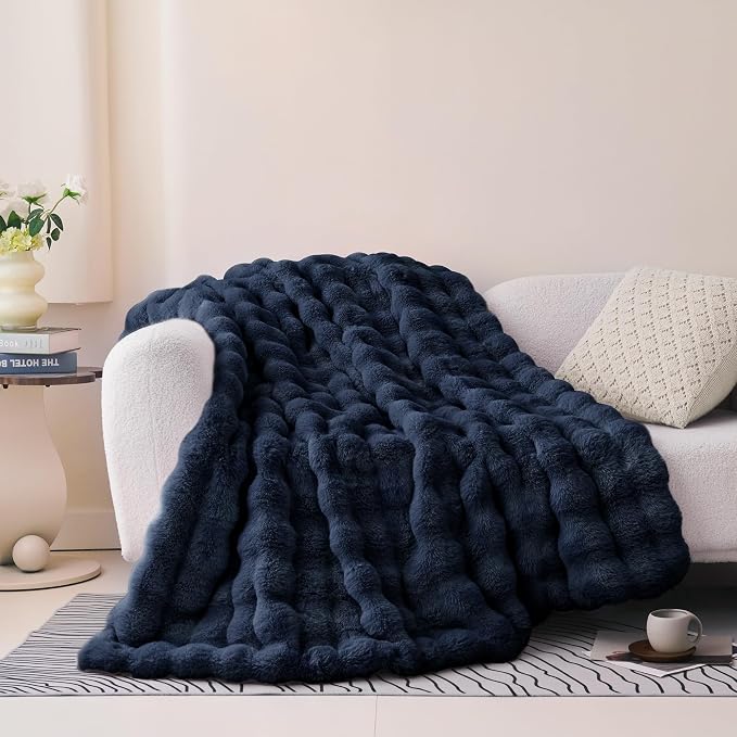 Comelady Soft Fluffy Faux Fur Throw Blanket 50"x60", Bubble Plush Texture | Navy Blue Thick Fuzzy Throw, No-Shedding, Aesthetic & Cozy for Couch Bed Room Decor, Warm Gift for Women Men