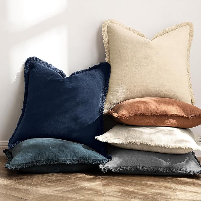 MIULEE Linen Fringe Decorative Euro Throw Pillow Covers Dark Navy 26x26 | Set of 2, Cottagecore Decor, Boho Farmhouse Coastal Pillow Covers, Rustic Couch Cushion Cases for Sofa Bed Living Room