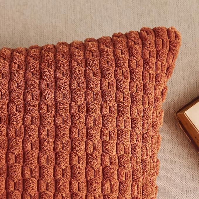 Kevin Textile Soft Corduroy 14"x22" Lumbar Pillow Cover 1 Pack, Rust | Fall Boho Stripe Plush Corduroy Decorative Oblong Cushion Cover Modern Farmhouse Home Decor for Sofa Couch Bed Chair