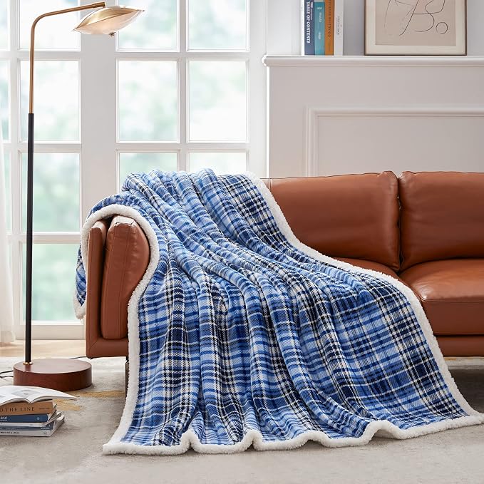 Sherpa Plaid Throw Blanket(60" X 70", Plaid Blue), Fuzzy Fluffy Cozy Soft Blanket, Fleece Flannel Plush Twin Size Microfiber Blanket for Couch Bed Sofa