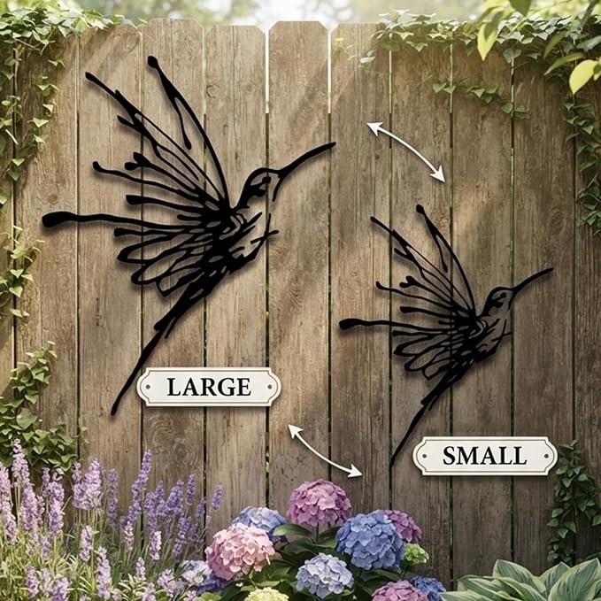2Pcs Metal Hummingbird Wall Art, 3D Large Outdoor Garden Decor(18.6"x22.4") | Set of 2 large 3D metal hummingbirds, rust-resistant & waterproof, perfect for outdoor garden, patio, or fence decor