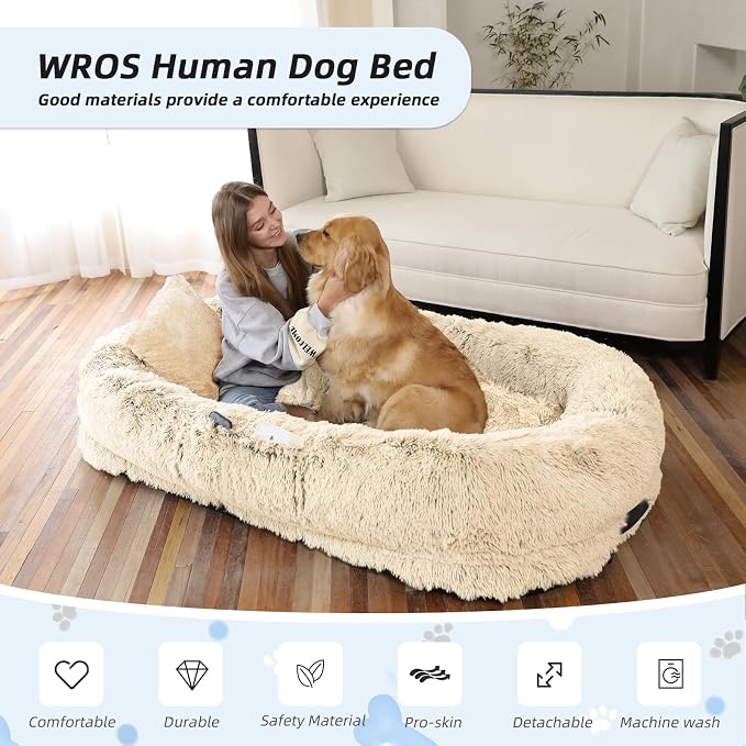 WROS Human Dog Bed for Adult, 71"x45"x12" Giant Calming Nest Beds, Beige | Washable Soft Faux Fur Cover, Orthopedic Foam Support, Non-slip Bottom, Includes Blanket, Strap & Pillow