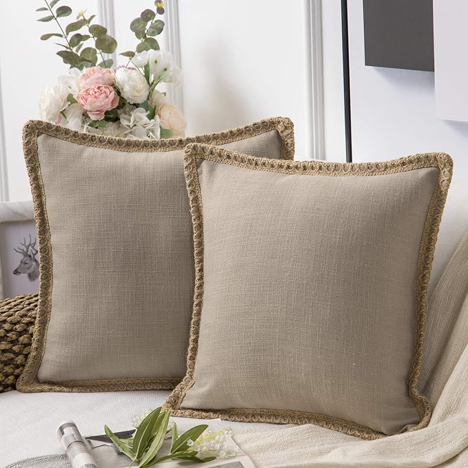 Phantoscope Pack of 2 Farmhouse Decorative Throw Decorative Pillow Cover Burlap Linen Trimmed Tailored Edges Beige, Plain, 22 x 22 inches, 55 x 55 cm