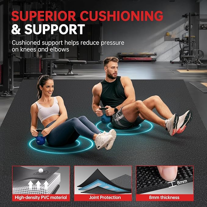 GymCope Extra Large Exercise Mat, 10'x6'/9'x6'/8'x6'/7'x5'/6'x4'(8mm) Thick Workout Mat for Home Gym & Garage Flooring, Shoe-Friendly, High-Density, MMA, HIIT, Weight Lifting, Cardio&Strength