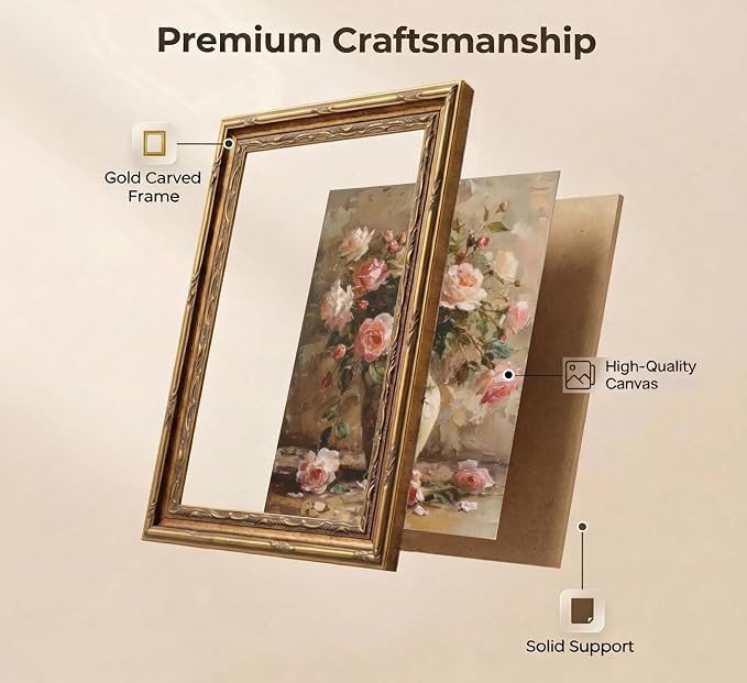Gold Framed Vintage Floral Canvas Wall Art French Country Painting Picture Wall Decor Vase Flower Arrangement Poster Print Artwork for Living Room Bedroom Bathroom Home Decoration