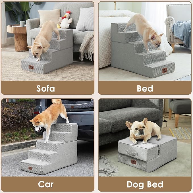 EHEYCIGA Dog Stairs for Bed 18" H, 4-Step Extra Wide Dog Steps for High Bed, Pet Steps for Small Dogs and Cats, Non-Slip Balanced Pet Ramp Indoor, Light Grey