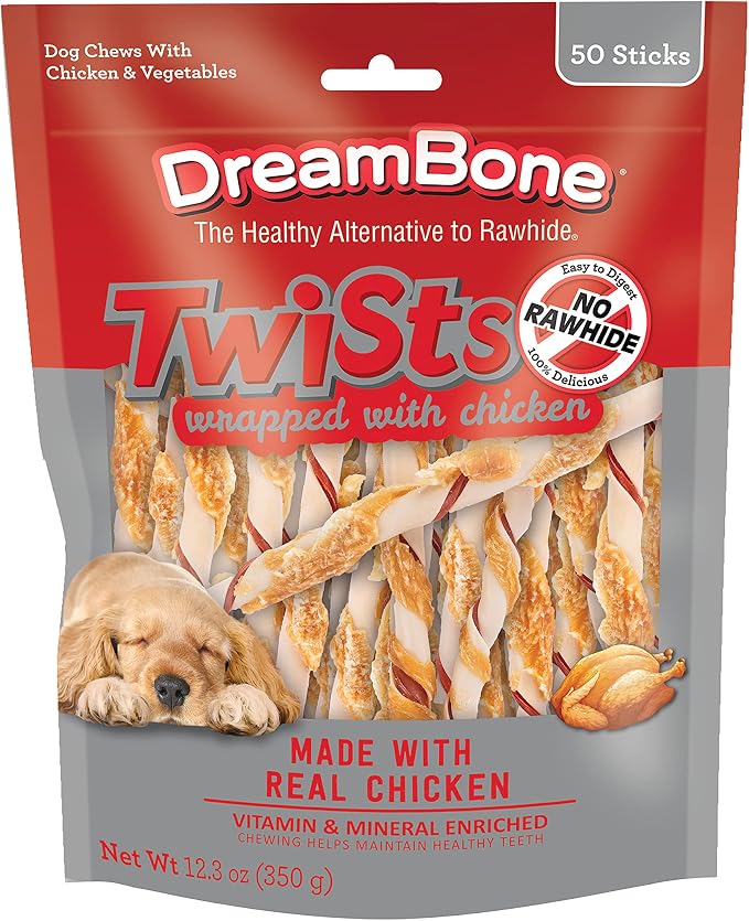 DreamBone Chicken Wrapped Twist Stick Rawhide-Free Dog Treats, 50 Count | Daily Chew, Digests Safely and Completely, Made With Real Protein, Chicken and Veggies, For Adult Dogs