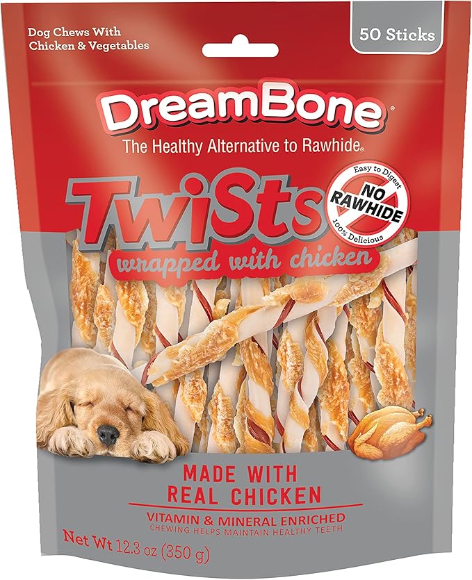 DreamBone Chicken Wrapped Twist Stick Rawhide-Free Dog Treats, 50 Count | Daily Chew, Digests Safely and Completely, Made With Real Protein, Chicken and Veggies, For Adult Dogs