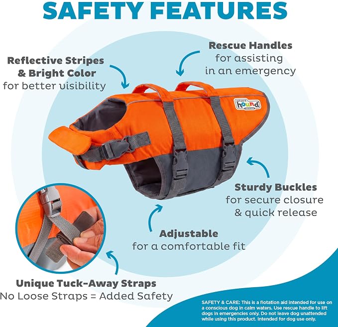 Outward Hound Granby Splash Dog Life Jacket, Life Vest, Orange, Medium | Max Buoyancy, Adjustable Fit, Head/Neck Support, Rescue Handle, Reflective, Swimming & Boating, Medium Dogs (21–27" Girth)