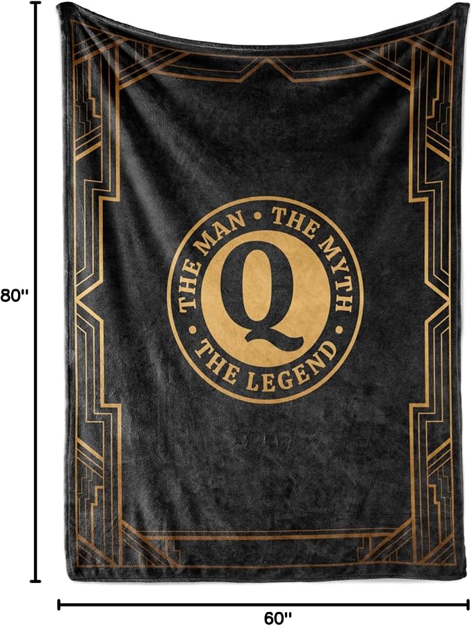 Gifts for Men, Initial Mens Blanket, Birthday Gift for Him, 60"x 80", Q | Soft 350 GSM flannel throw with initial legend design for dads, husbands and grandpas, ideal for birthdays or Christmas