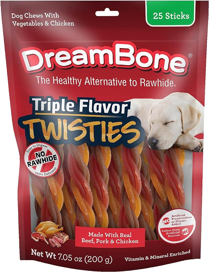 DreamBone Twisties Rawhide-Free Dog Treats with Real Protein, 25 Count | Daily Chew, Digests Safely and Completely, Made With Real Beef, Pork, Chicken and Veggies, For Adult Dogs