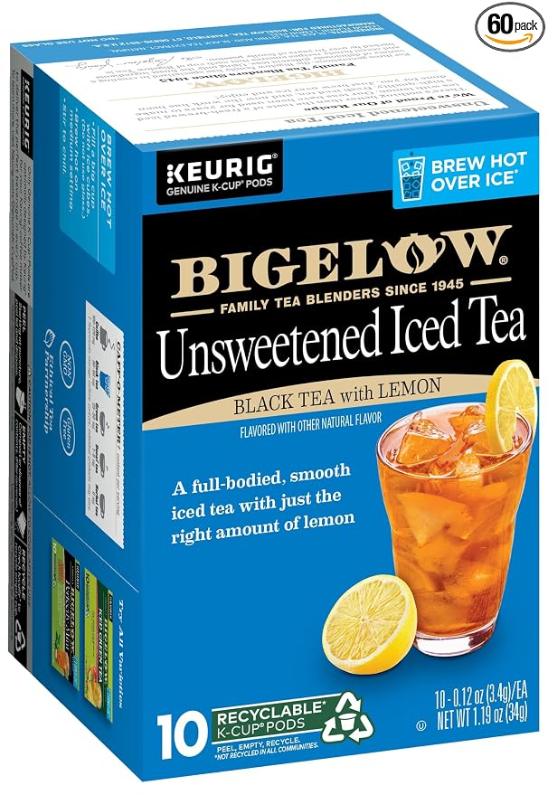 Bigelow Tea Unsweetened Iced Black Tea with Lemon K Cups Pods, Caffeinated Tea Keurig Tea Pods, 10 Count Box (Pack of 6), 60 Total K Cup Pods Total
