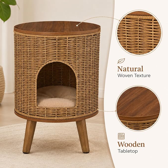 Rattan Cat House End Table, 2-in-1 Cat Bed Side Table, Stylish Pet Furniture for Indoor Cats in Living Room and Bedroom (Brown, 15.7”L x 15.7”W x 22”H)