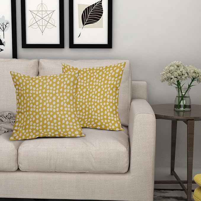 Sweetshow Yellow Cream Dots Pillow Covers 16x16 Set of 2 Boho Design Polka Dot Throw Pillows Modern Trendy Print Outdoor Decorative Pillowcase Square Linen Cushion Cases Decor for Sofa Couch Bed