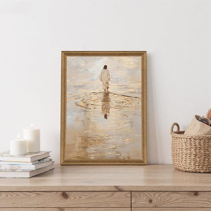 Fantasy Artists Christian Wall Art – Jesus Walking on Water Inspirational Painting, Warm Gold Faith Artwork for Home & Prayer Room, Religious Decor Symbolizing Hope, Trust & Divine Strength, 12W X 16H