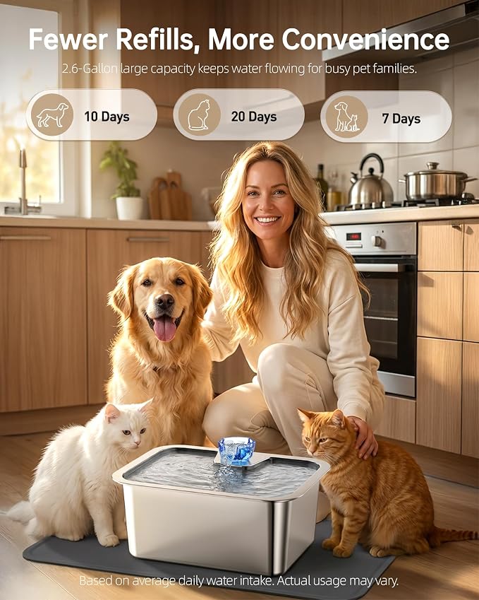 10L (2.64 Gallon) Dog Water Fountain with Silicone Mat, Stainless Steel Pet Water Dispenser with 6 Filters, Quiet Automatic Water Bowl for Large Dogs and Multi-Pet Homes, Easy to Clean