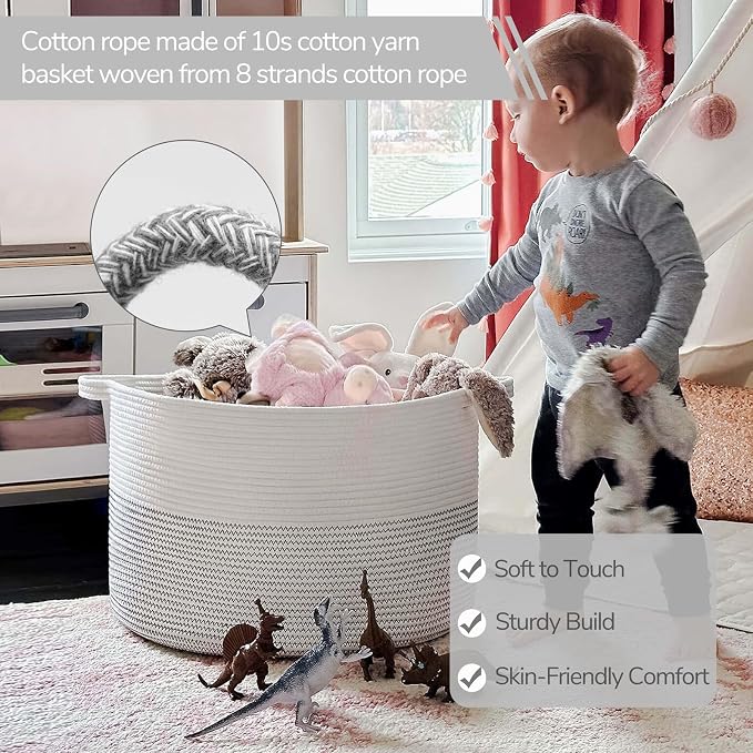 INDRESSME XXXLarge Woven Rope Blanket Basket Living Room White, 90L | 21.7" x 13.8" Storage baskets for toys laundry & pillows. Fits living room, bedroom or nursery décor. Soft-touch with handles