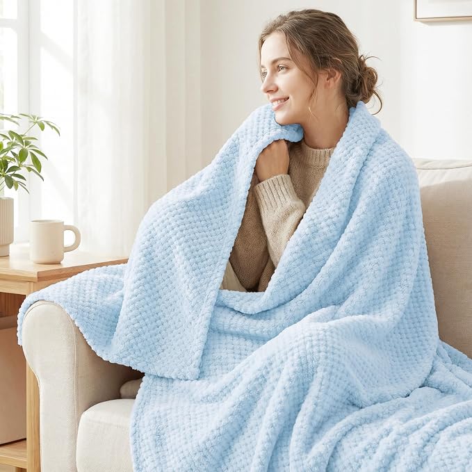 Exclusivo Mezcla Large Waffle Fleece Throw Blanket for Couch, Light Blue | Lightweight Soft Blanket for Sofa, Bed, Living Room, Plush Fluffy Throw for Home Decor, Travel, All Season, 50x70 Inches