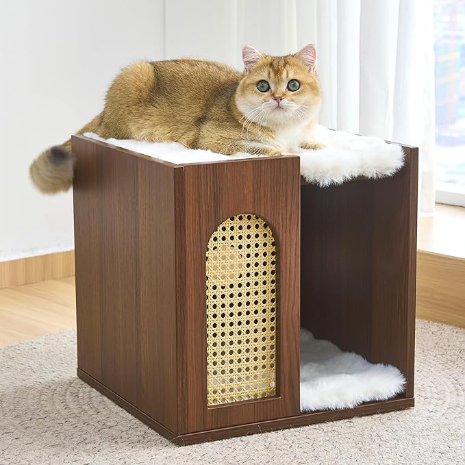 Wooden Indoor Cat House Suitable for Pets Under 66 Lbs, for Large Cats, Sturdy & Durable Semi-Enclosed Cat Bed Condo with Removable Washable Plush Cushion,Easy Video Assembly