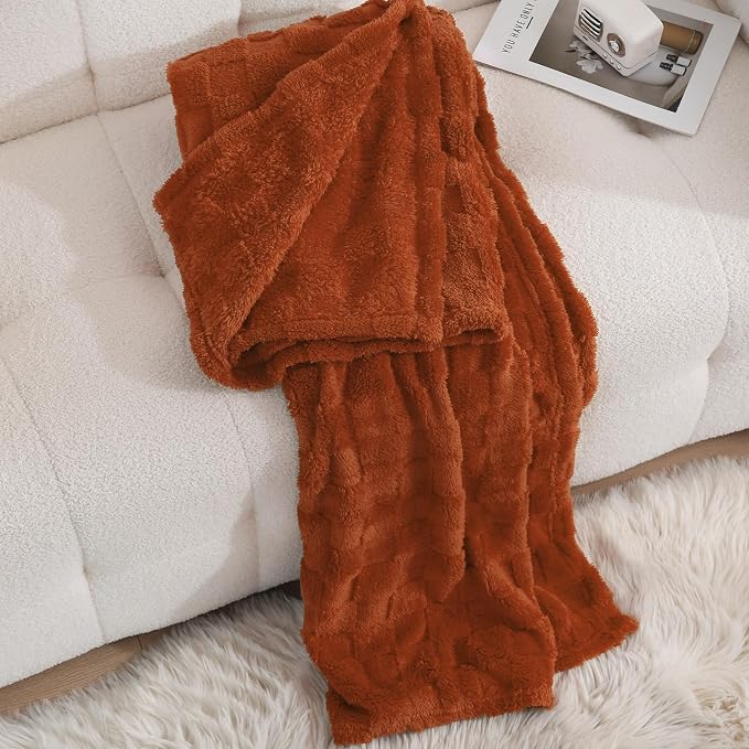 Burnt Orange Fleece Throw Blanket 60”×80”Checkered Design for Couch Sofa | Super Soft Cozy Plush Microfiber 3D Square Pattern Flannel Blanket for Bed Lightweight for Adults,Women