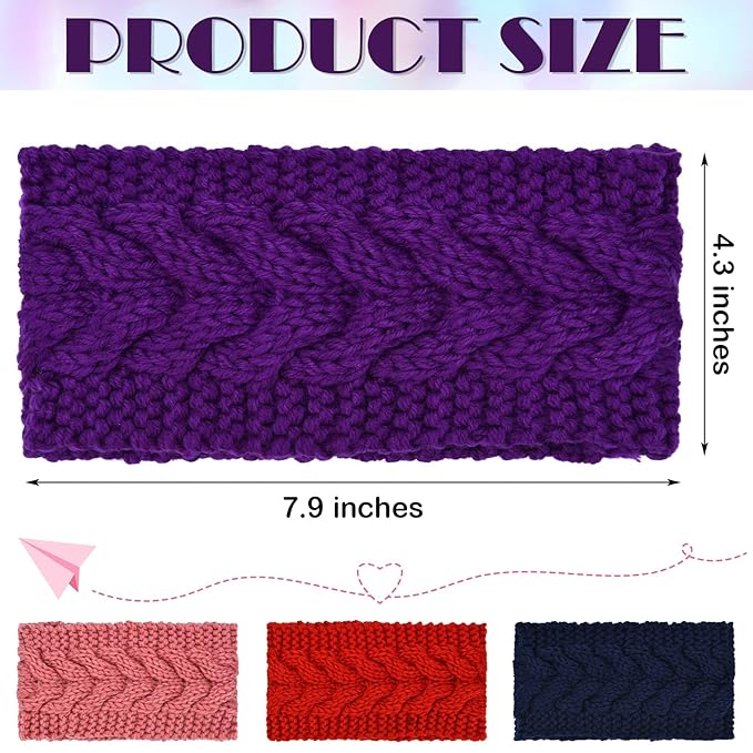 4 Pieces Winter Ear Warmers Headbands Women Warm Knitted Headband Braided Crochet Head Wraps(Pink, Red, Navy Blue, Purple)