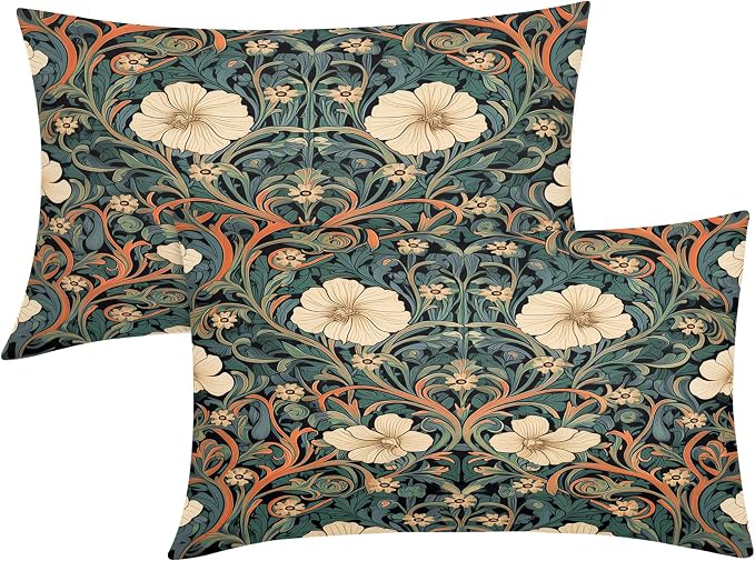 Vintage Floral Lumbar Pillow Covers 12X20 Inch Orange Whtie Green Toile Flowers Pillow Cases Chinoiserie Aesthetic Tapestry Linen Cushion Case Farmhouse Home Decor For Sofa Couch Porch Outdoor Pack 2
