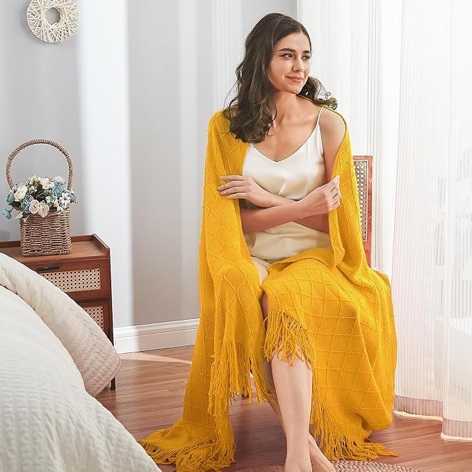 inhand Golden Yellow Knitted Throw Blanket for Couch and Bed, 50"x60" | Knit Fall Decor Halloween Blanket with Tassel, Lightweight Decorative Farmhouse Warm Woven Blankets and Throws for Women