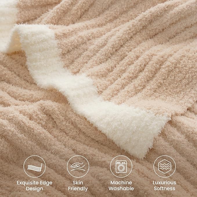 Snuggle Sac Fluffy Ribbed Beige Blanket Twin Size, Soft Luxurious Knit Fuzzy Plush Microfiber Blankets for Sofa, Bed, Beige, 60x80 inches