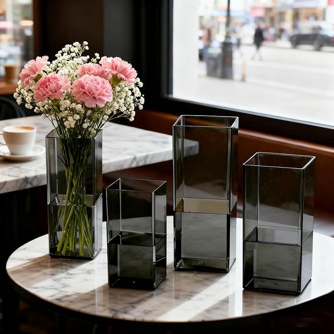 Acrylic Square Flower Vase, Non-breakable Vase, 4" x 4" x 8" Tall Grey Vases for Flower, Large Cube Floral Plant Container, Planter Terrarium for Wedding Party Event, Home Office Decor