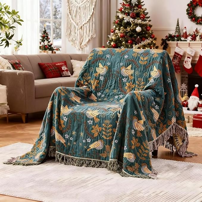 Boho Throw Blanket for Bed 100% Cotton Bohemian Blankets Ultra Soft Woven Muslin Decorative Blankets All Seasons Vintage Quilt Knitted Blanket for Sofa Chair(Blue, 90"x98")