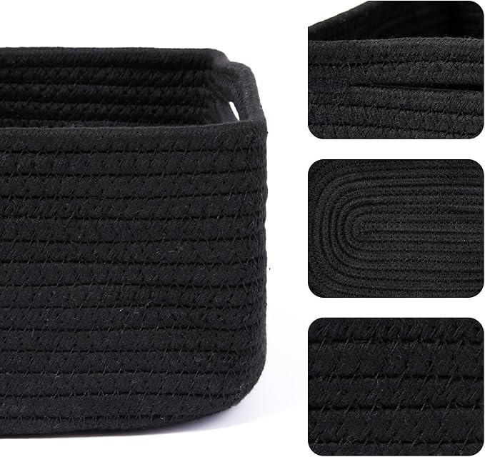 MiniArk Small Storage Baskets for Organizing | Closet Organizer Bins | Shelf Toy Basket | Woven Rope Baskets | Cube Decorative Box | Shallow Basket | 13x8.5x5.1” | 4 Packs Black