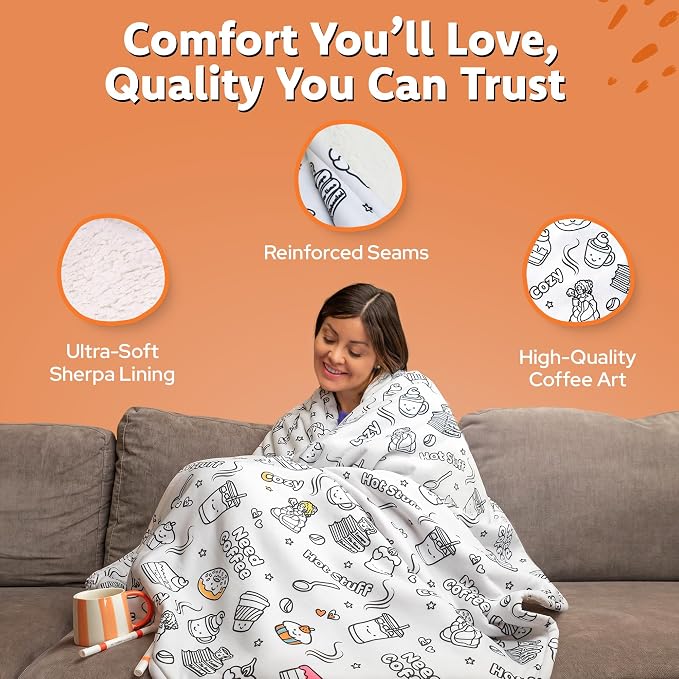 Craftikit Coffee Coloring in Blanket for Adults - Sherpa Throw -15 Markers | 40" x 60", Fabric Markers Included, Permanent Vibrant Fleece Design, Ages 3+, Machine Washable, Gift Wrapped
