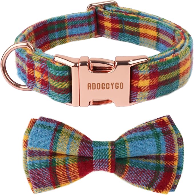ADOGGYGO Plaid Dog Collar with Bow Tie, Detachable Tartan Bowtie, X-Small