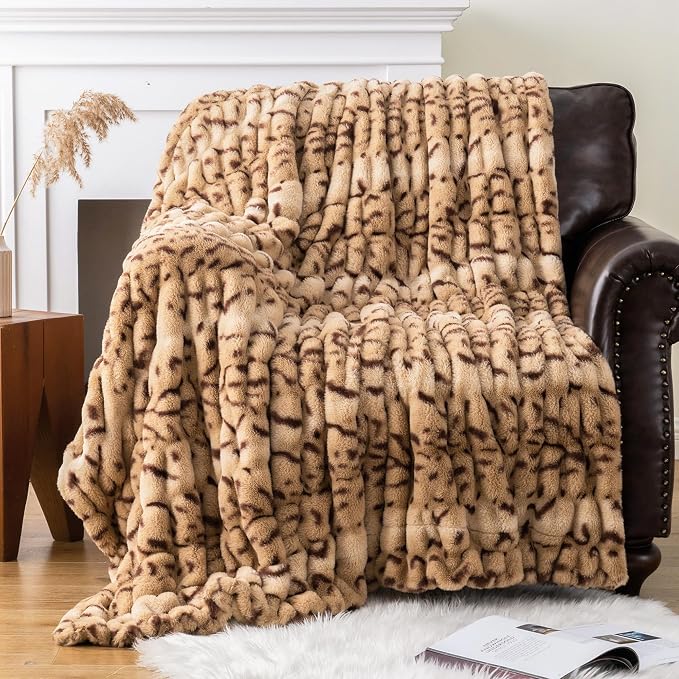 BATTILO Faux Fur Throw Blanket for Couch, 50"x60", Double Side | Cozy Mink Plush Soft Bubble Blanket, Leopard Print Faux Fur Blanket For Bed, Sofa, Living Room