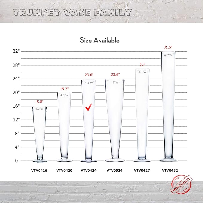 WGV Trumpet Glass Vase Bulk, Open 4", Height 23.5", (Multiple Sizes Choices) Clear Tall Pilsner Floral Planter Container Centerpiece, Wedding Event Home Decor, 6 Pieces (VTV0424)