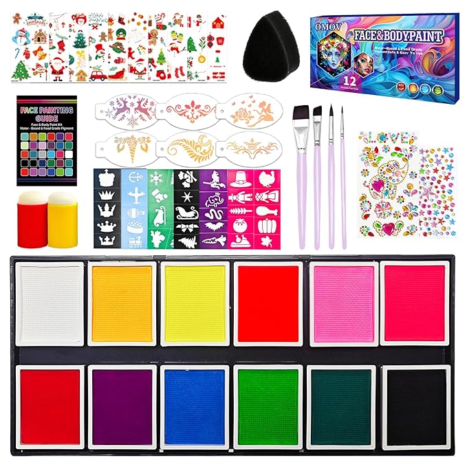Face Painting Kit for Kids & Adults,12 x 10g Non Toxic, Water Based Face Paint Palette, With Glow Stickers, Stencils & Brushes,for Cosplay,Parties, Theater,Stage,Christmas & Halloween Makeup Kit