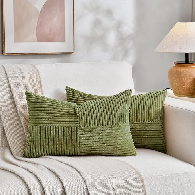 Fancy Homi Moss Green Lumbar Decorative Throw Pillow Covers 20x28 Inch for Living Room Couch Bed, Rustic Farmhouse Boho Home Decor, Soft Striped Corduroy Rectangle Accent Cushion Case 50x70 cm