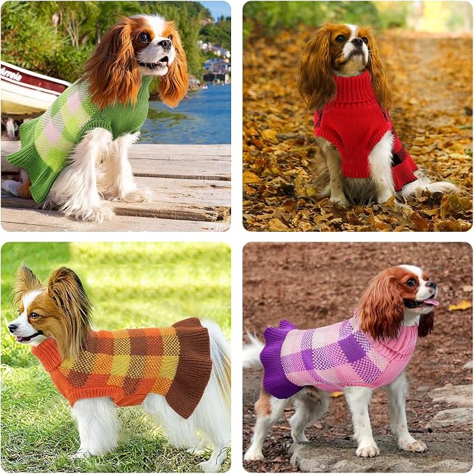 Dog Sweater Dress Plaid Knitwear for Small Medium Dogs Warm Puppy Pet Turtleneck Stretch Pullover Cute Fall Winter Vest Clothes with Leash Hole for Christmas (Orange, S)