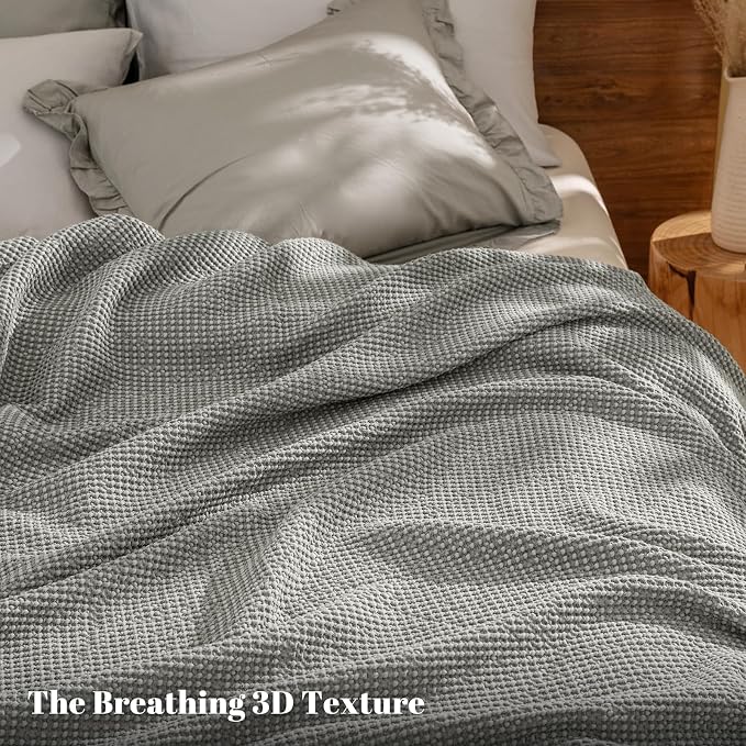 PHF Stone Washed 100% Cotton Waffle Blanket, Vintage Deep Honeycomb Texture, Breathable Thermal Blanket for Bed & Home Decor, All Season Layering - King, Frosted Grey